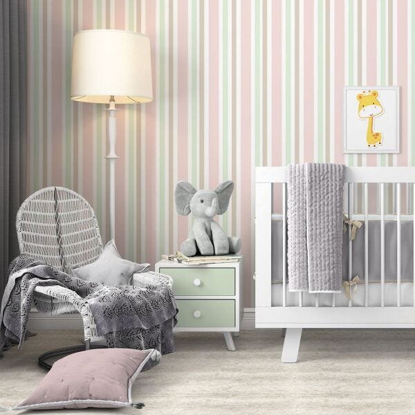 Papel de Parede Adesivo Listra Rosa Verde Água Bege - SSLI-107 - ROLO - 2,50M X 50cm ( 1,25M² ) - 2