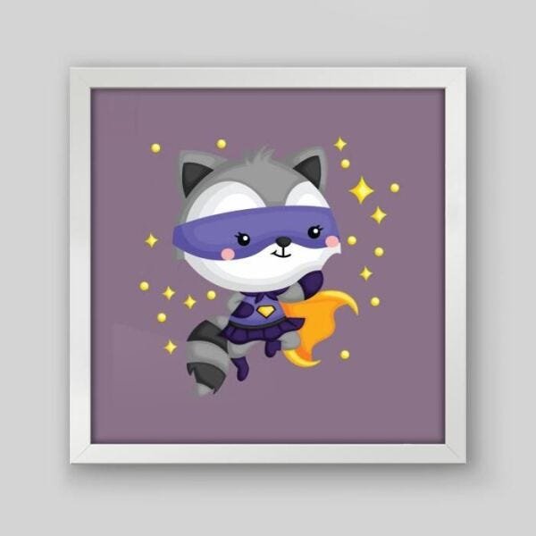 Quadro Infantil Super Herói Guaxinim - 20x20cm - Moldura Caixa Branco - 1