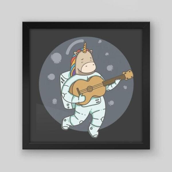 Quadro Infantil Unicorn Astronaut - 30x30cm - Moldura Padrão Preto - 1
