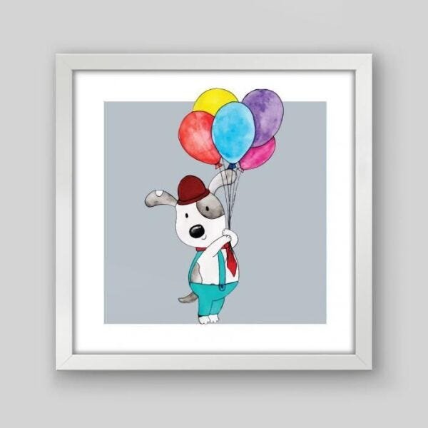 Quadro Infantil Aquarela Dog - 30x30cm - Moldura Padrão Branco - 1