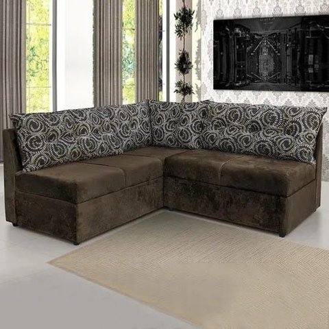 Sofá de Canto Quebec 5 Lugares Tecido Suede Marrom com Almofadas Café Floral