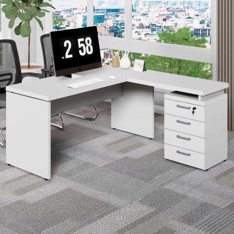 Mesa em L Escritório 1,50m Gaveteiro 4 Gavetas Pé Painel F5 Cor:cinza