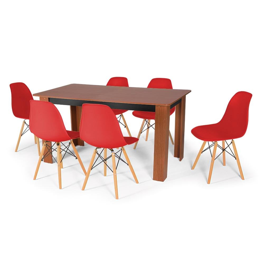 Conjunto Mesa de Jantar Retangular Pérola Cherry 150x80cm com 6 Cadeiras Eames Eiffel - Vermelho