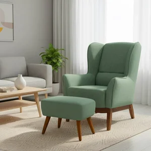 Poltrona Dekorien Milena Linho Verde Sálvia com Puff Premium Decoração