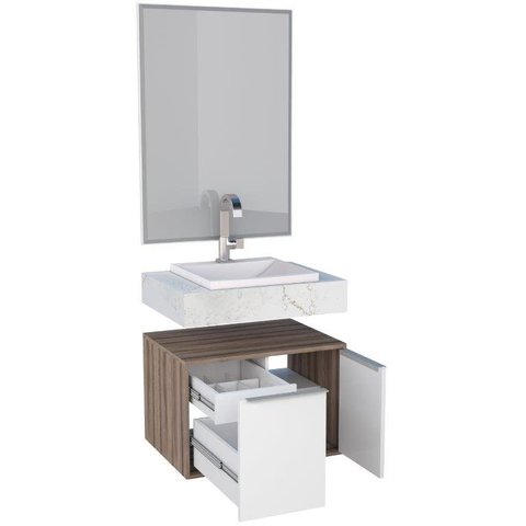 Conjunto Espelho Bisotê + Bancada em Porcelanato + Gabinete 100% MDF Com Gaveta Dupla Puxadores em A