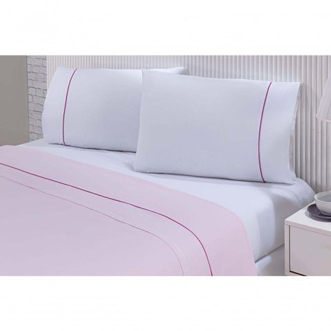 Jogo de Cama 100% Algodão Percal 150 Fios Solteiro Gran Moratta 3 Peças Branco e Rosa
