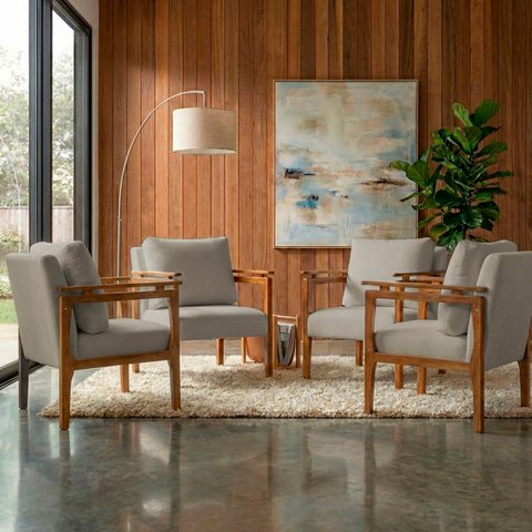 Kit 4 Poltrona Sala Decorativa Dallas Estofada Linho Bege Base Madeira Castanho - Arkell