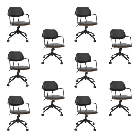 Kit com 10 Cadeiras Office com Relex em Aço Carbono e Couro Ecologico Dijon Preto