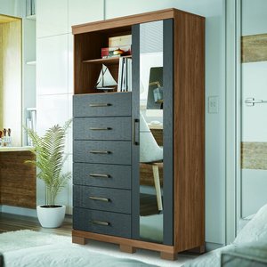 Cômoda Multiuso 1 Porta 6 Gavetas com Pés e Espelho Marabá Santos Andirá