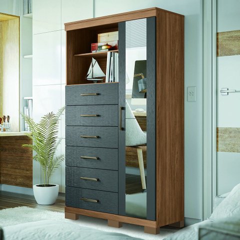 Cômoda Multiuso 1 Porta 6 Gavetas com Pés e Espelho Marabá Santos Andirá