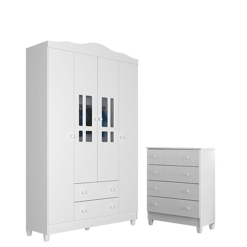 Cômoda Gaveteiro e Guarda Roupa Ariel 4 Portas Branco Brilho - Carolina Menor preço em Cômoda Gaveteiro e Guarda Roupa Ariel 4 Portas Branco Brilho - Carolina