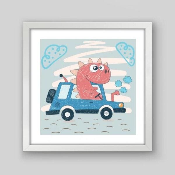 Quadro Infantil Dino Veloz - 40x40cm - Moldura Padrão Branco - 1