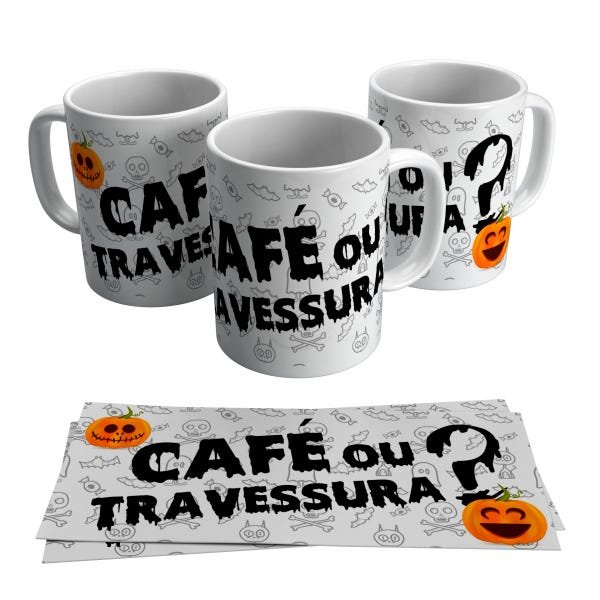 Caneca Halloween Café ou Travessura Abóbora Dia das Bruxas