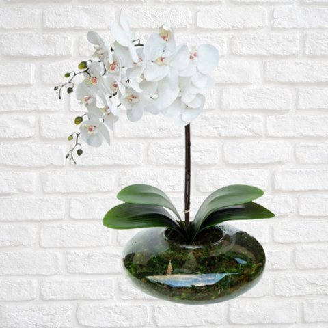Arranjo De Flores 2 Orquídeas Artificial no vaso de Vidro