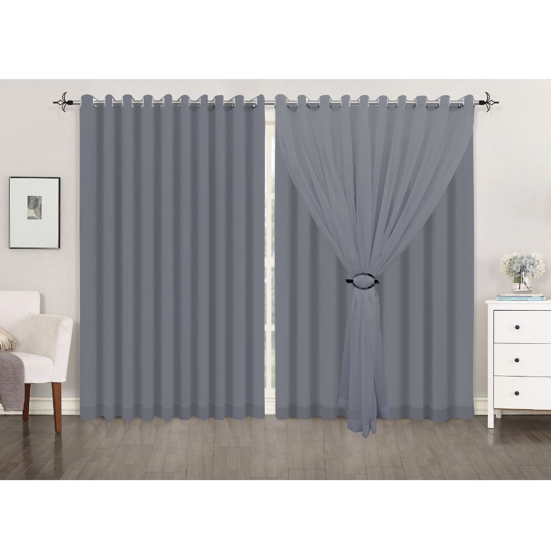 Cortina Voil Cinza Forro Micro Fibra 4,00x2,70 Ilhós Cromado - 1