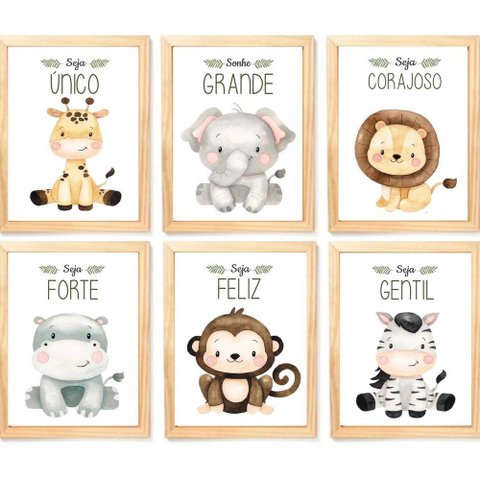 Quadro Infantil Safari 6 Un A4 Vidro e Pendurador