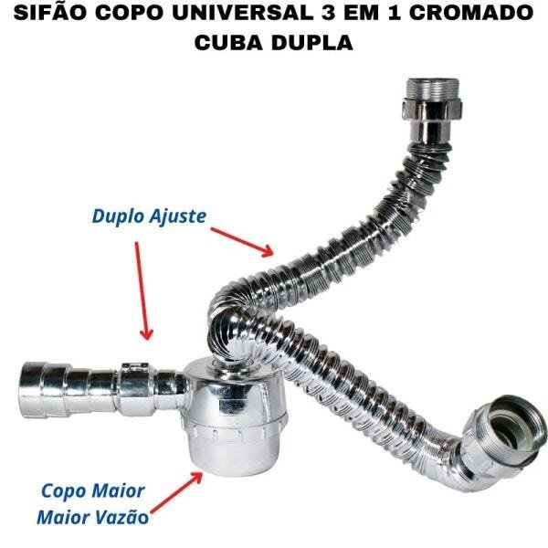 Sifão Sanfonado Duplo Ajuste Com Copo Flexível Universal Cromado Para Cuba Dupla Banheiro, - 2