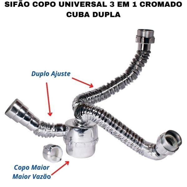 Sifão Sanfonado Duplo Ajuste Com Copo Flexível Universal Cromado Para Cuba Dupla Banheiro, - 1