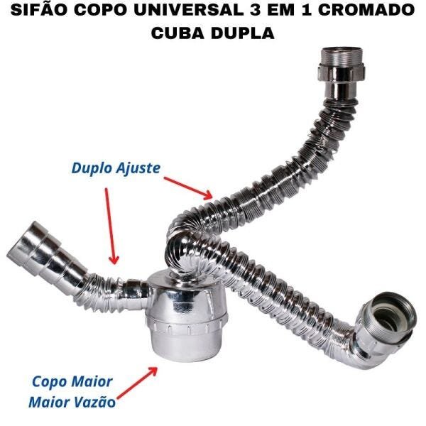 Sifão Sanfonado Duplo Ajuste Com Copo Flexível Universal Cromado Para Cuba Dupla Banheiro, - 3