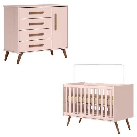 Berço Americano 3820 e Cômoda Infantil 3825 Retrô Rosa - Qmovi