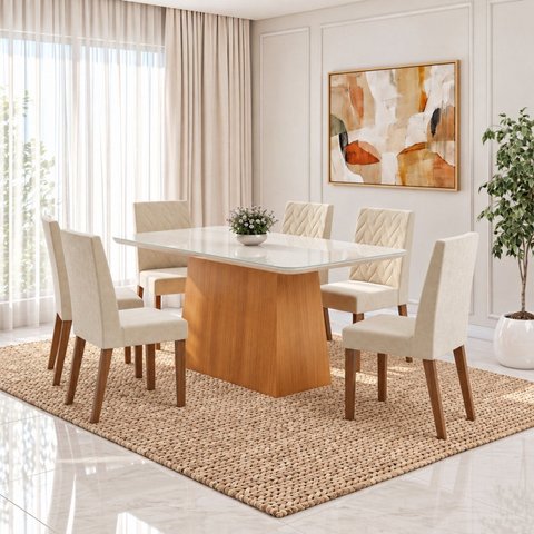 Conjunto Sala de Jantar Mesa Dora 160cm Tampo MDF e Vidro Canto Arredondado 6 Cadeiras Maitê