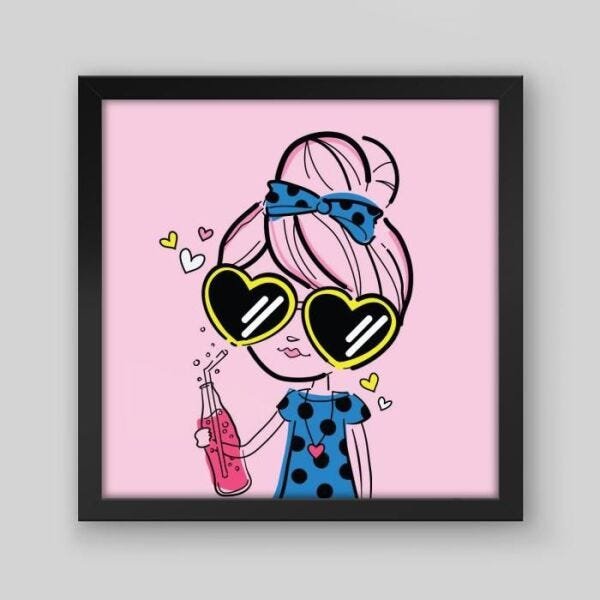 Quadro Infantil Pink Girl - 20x20cm - Moldura Padrão Preto - 1
