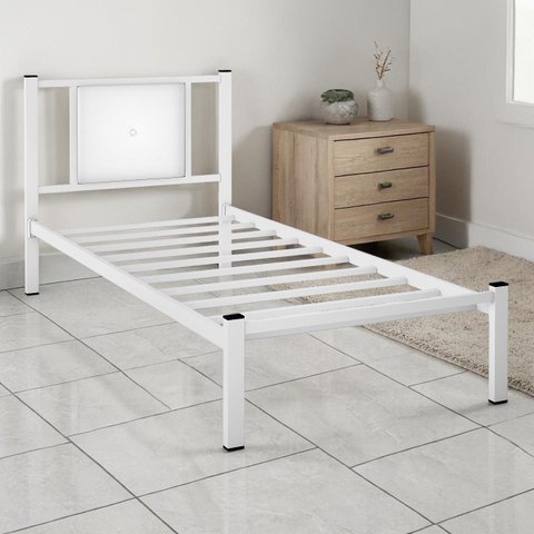 Cama Solteiro Infantil Juvenil Aurora de Ferro Reforçada com Painel Estofado Corino:branco