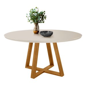 Mesa Sala e Jantar Redonda 90cm Base em Madeira Maciça 4 Lugares Tampo Off-white