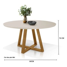 Mesa Sala e Jantar Redonda 90cm Base em Madeira Maciça 4 Lugares Tampo Off-white - 2