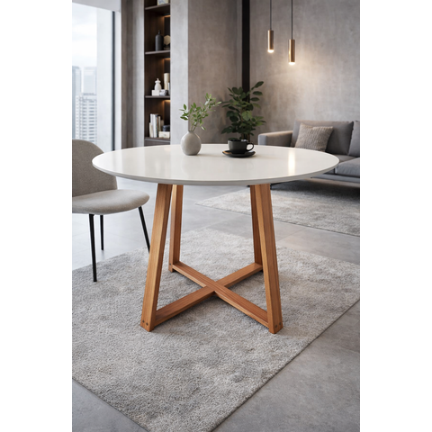 Mesa Redonda 90cm em Mdf com Base em Madeira Maciça