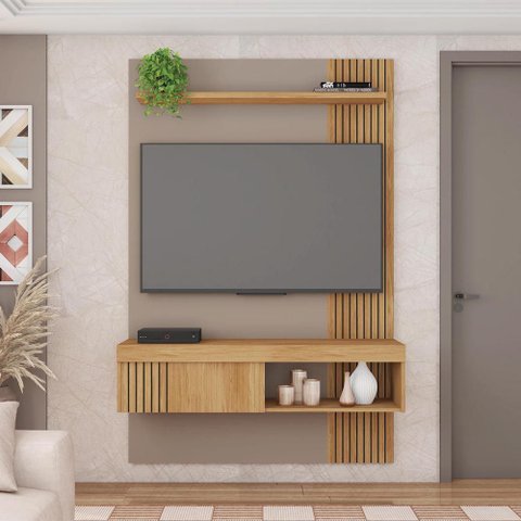 Painel TV 45 pol 120cm Bancada Suspensa Ripado Luana Fendi/Buriti C01 - D’Rossi