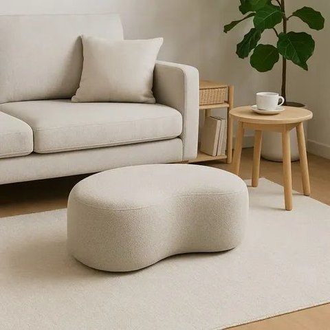 Puff Bouclé Design Feijão Off White Mobiliário Sofisticado para Sala, Quarto ou Escritório