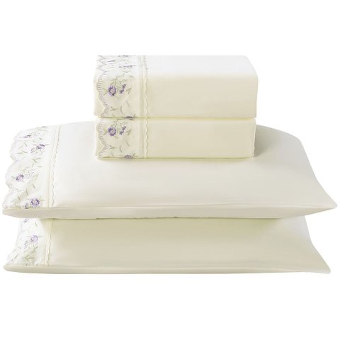 Jogo de Cama Lençol Queen Bordado Acalanto 4 Peças - Palha C - 100% Poliéster
