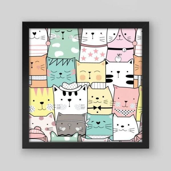 Quadro Infantil Bichinhos - 20x20cm - Moldura Caixa Preto - 1