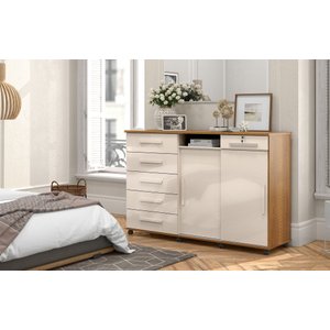 Cômoda Master 2020 Lukaliam 6 Gavetas Cabideiro Rodízios Gaveta com Chave Espelho 1,76m:freijó/off W