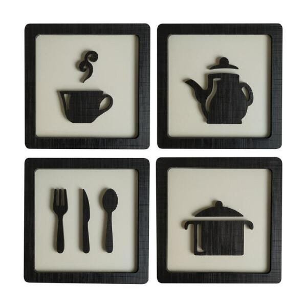 Kit 4 Quadros Cozinha 21Cm Xícara,Bule,Talher: Preto Branco - 1