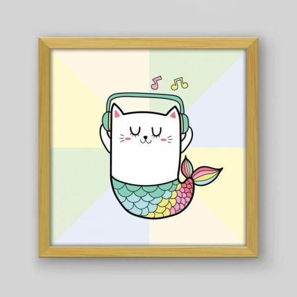 Quadro Infantil Gato Sereia - 60x60cm - Moldura Caixa Madeira - 1