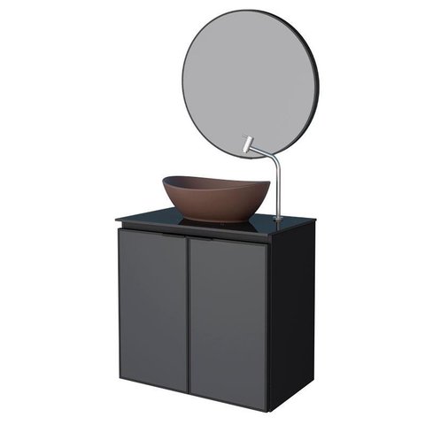 Conjunto Banheiro Aço Gabinete Umbu 60 Com Cuba Bali Marrom Espelho Luna Cozimax Preto