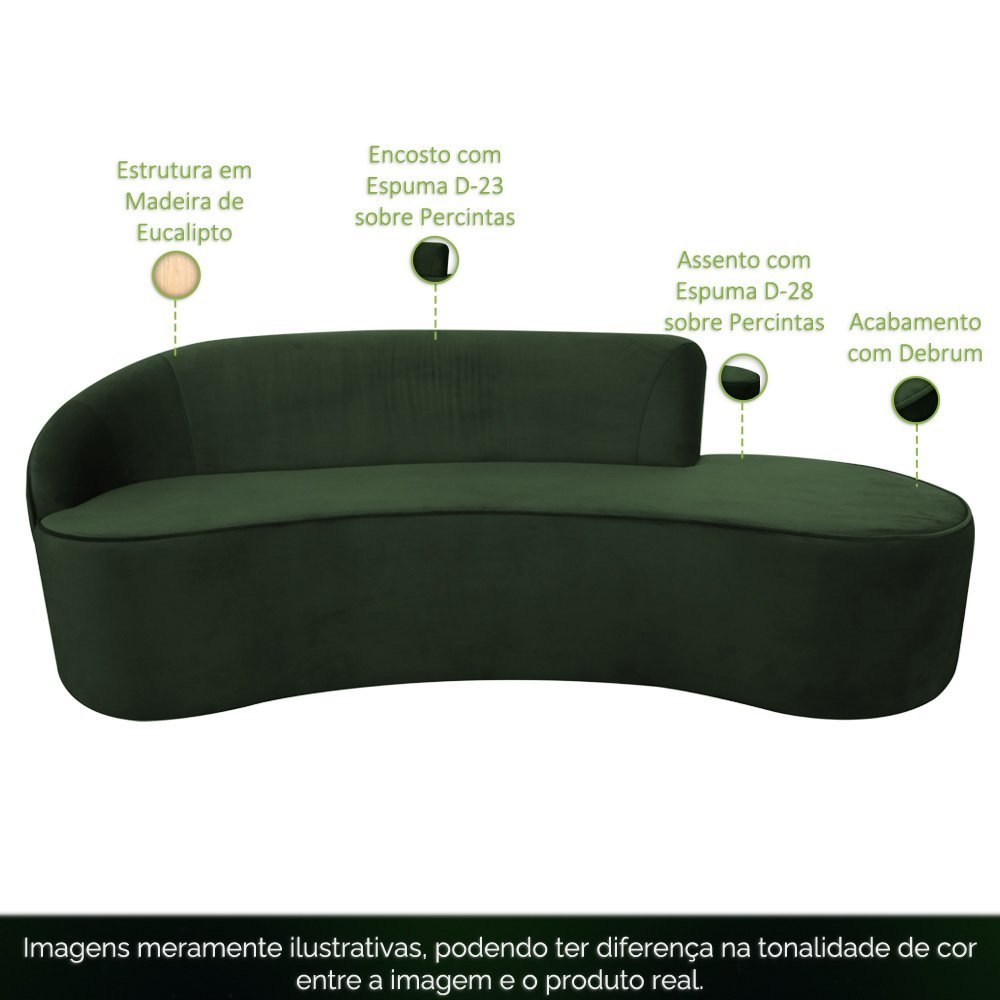 Sofá Curvo 04 Lugares Sala de Estar 230cm Eron Veludo Verde - Casaepoltrona - 3