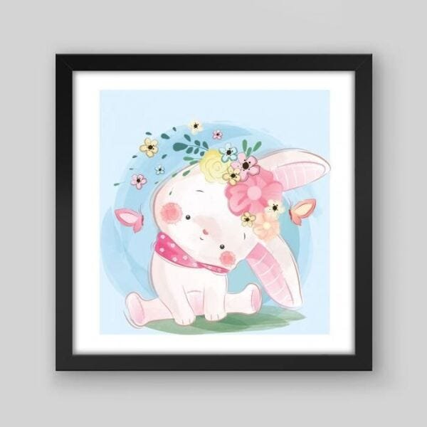 Quadro Infantil Coelinho Cute - 30x30cm - Moldura Caixa Preto - 1