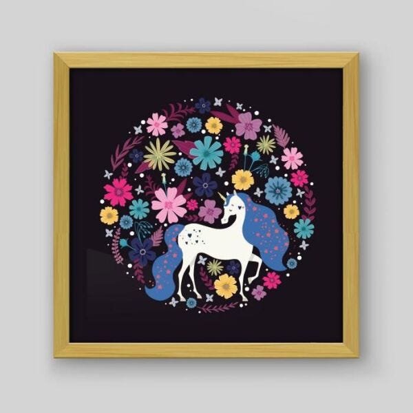 Quadro Infantil Unicorn Flowers - 20x20cm - Moldura Padrão Madeira - 1