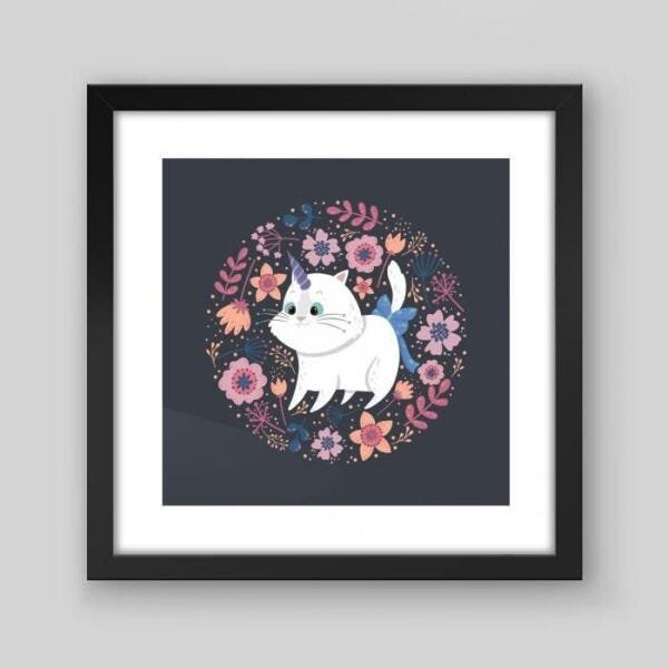 Quadro Infantil Gato & Flores - 20x20cm - Moldura Padrão Preto - 1