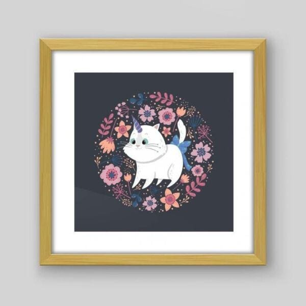 Quadro Infantil Gato & Flores - 60x60cm - Moldura Caixa Madeira - 1