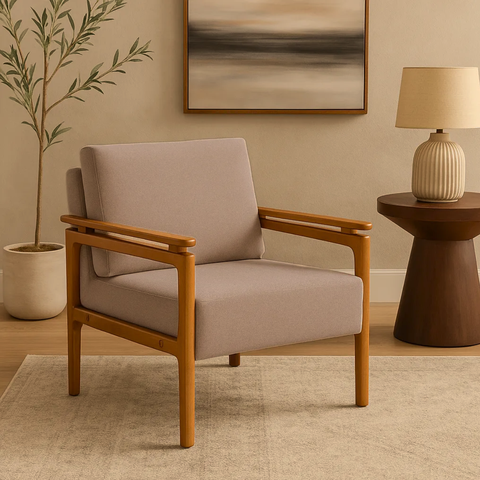 Kit 2 Poltronas Yasmin para Sala de Estar ou Recepção Madeira Maciça em Linho Premium:bege