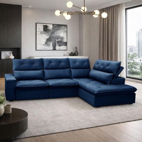 Sofá 3 Lugares Retrátil Reclinável Chaise Direito 258cm Bergen F04 Veludo Azul - Lyam Decor