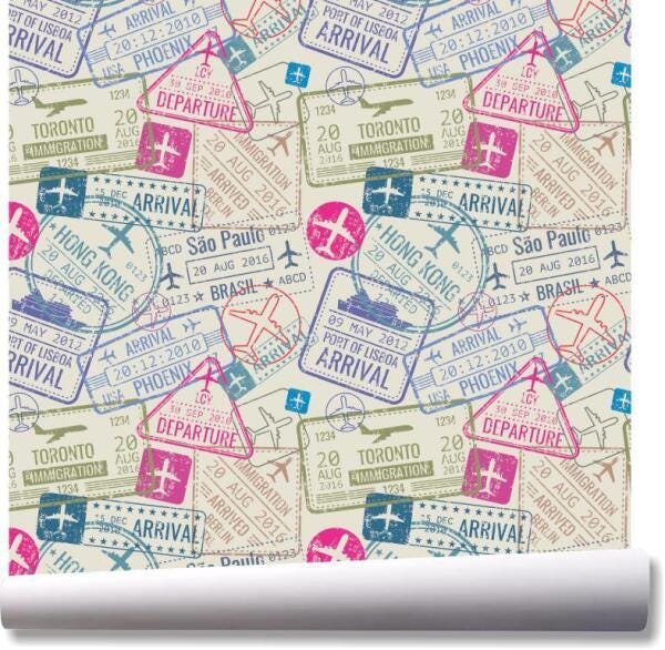 Papel De Parede Passaporte Viagem Carimbo Kit 02 Rolos A161 - 1