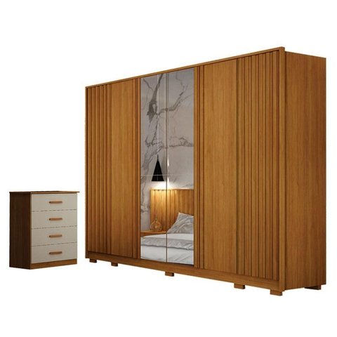 Guarda Roupa Casal Evo 6 Portas com Espelho Cinamomo com Cômoda Rubi 4 Gavetas Cinamomo Off-white