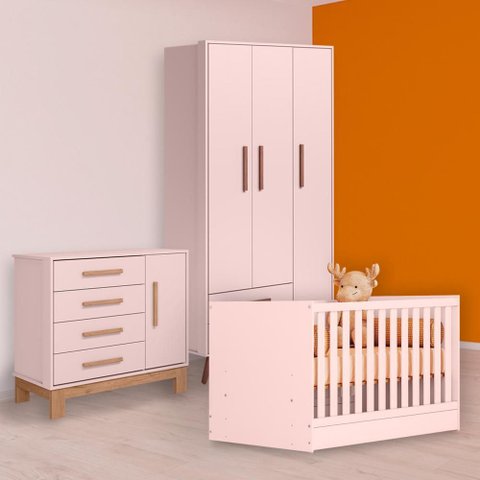 Conjunto Berço Mini Cama, Cômoda Sapateira Slim e Guarda Roupa Retrô Rosa