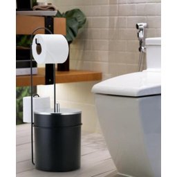 Lixeira Tampa Inox 5L Suporte De Papel Higiênico Arthi Preta - 3