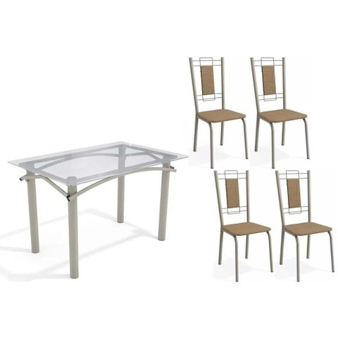 Sala de Jantar Completa Elba C/ Tampo de Vidro 120cm e 4 Cadeiras Florença Niquel - Courano